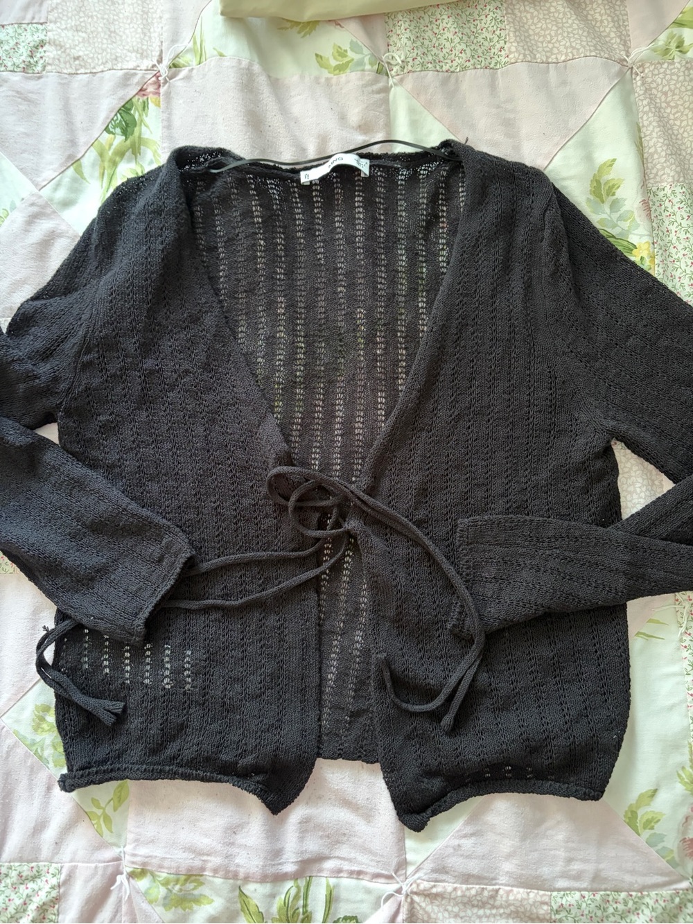 Black Women's Open Weave Tie-Front Sweater MNG